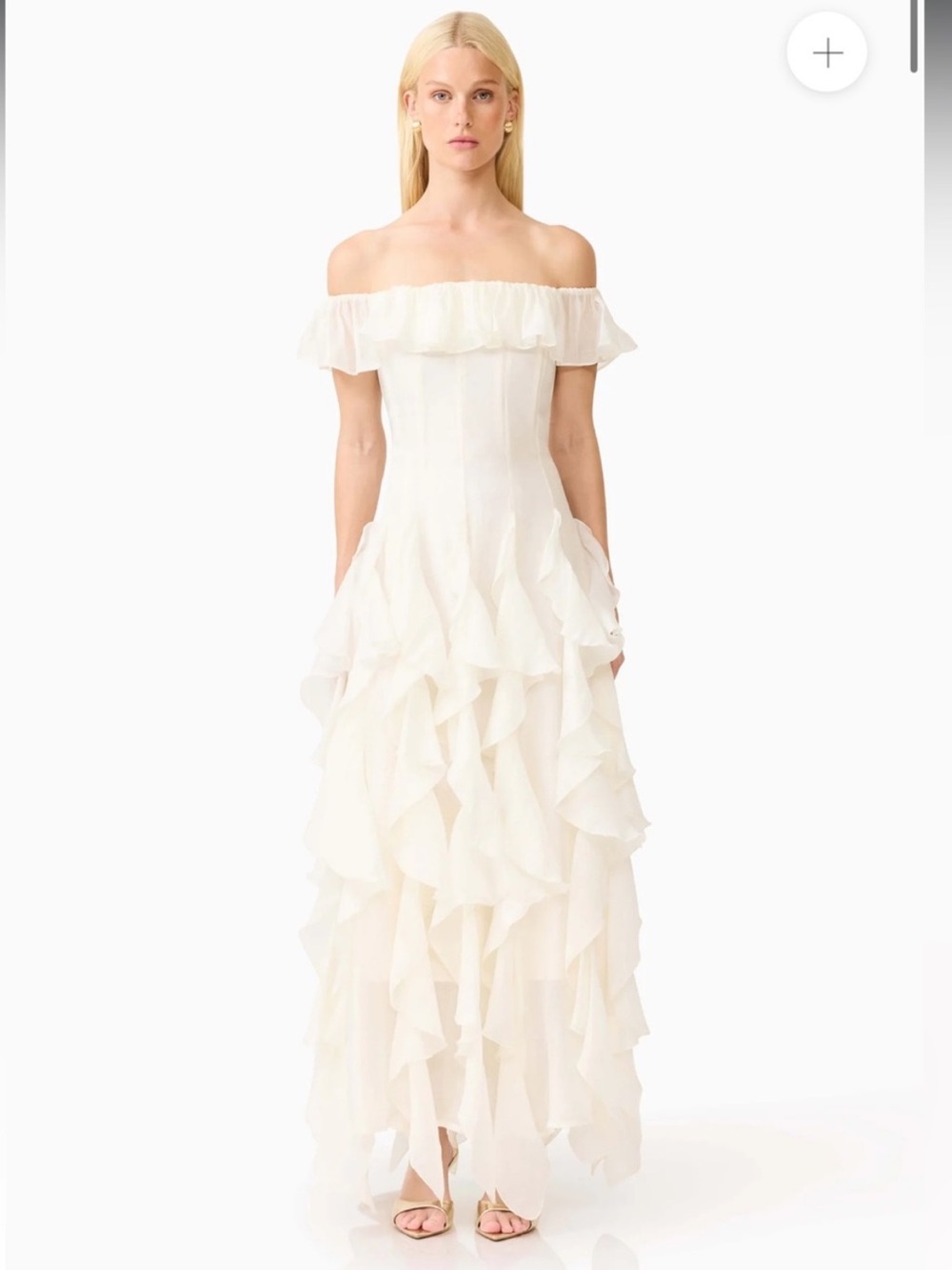 elliatt yvette cream off the shoulder ruffle corset maxi gown dress medium NEW - Picture 2 of 11